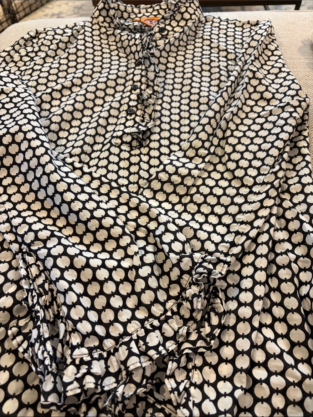 Tory Burch Black and White Dot-Print Ruffle-Neck Long Sleeve Blouse size 10